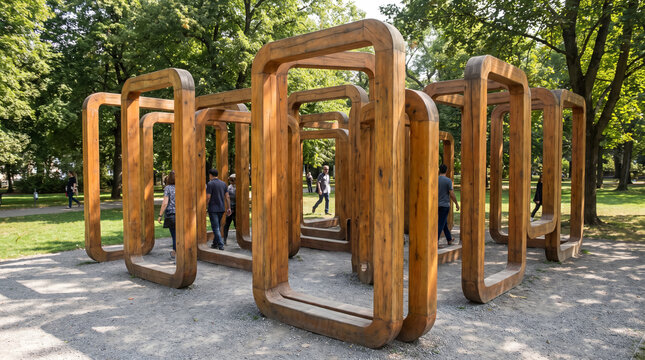 Wooden arch labyrinth sculpture installation in public city park with walking people. Concept of maze, art installation, public art, wooden frames, modern sculpture, outdoor art, architecture.