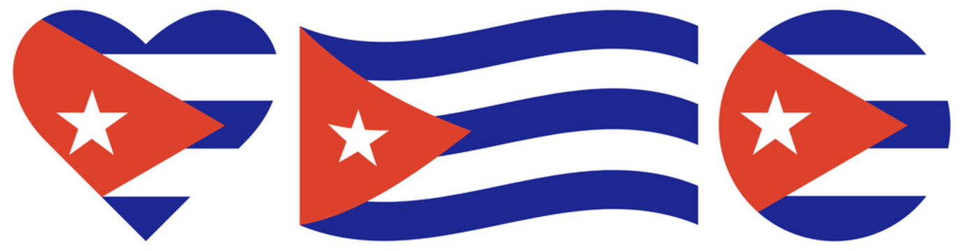 Cuba flags variation. Flag of Cuba isolated in heart shape. Waving flag of Cuba ioslated. Round flag isolated in circle shape.