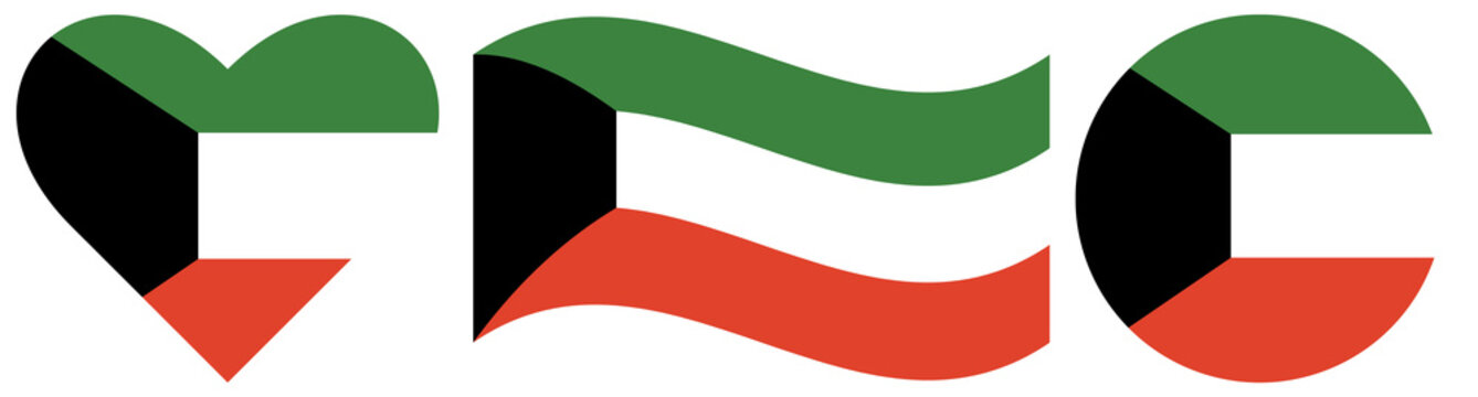 Kuwait flags collection. Flag of Kuwait isolated in heart shape. Round flag of Kuwait isolated in circle. Waving flag.