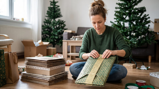 Woman folding reusable flat gift boxes while preparing Christmas presents at home. Concept of wrapping presents, christmas preparation, holiday packaging.