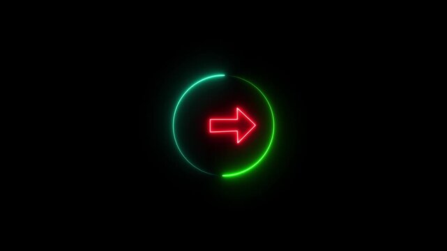 Animated neon arrow pointing right on black background, Abstract glowing right arrow icon animation, Neon arrow 4k video motion, Right arrow loop animation,
