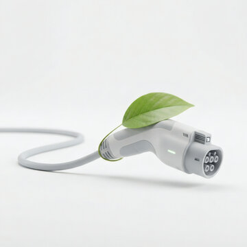 Modern green eco friendly electric vehicle charging station concept 3d illustration with clean white EV plug and vibrant green leaf isolated on seamless white background banner