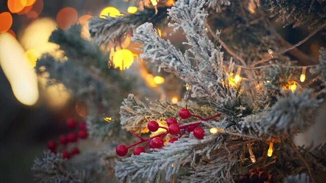 Close up of snow covered Christmas tree branches decorated with red berries and warm glowing string lights, festive winter holiday decoration with golden bokeh, cozy seasonal celebration and Christmas
