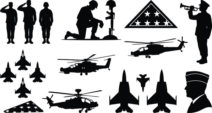 Military silhouette vector icon collection featuring saluting soldiers kneeling fallen hero battlefield cross fighter jets combat helicopters folded american flag and bugler