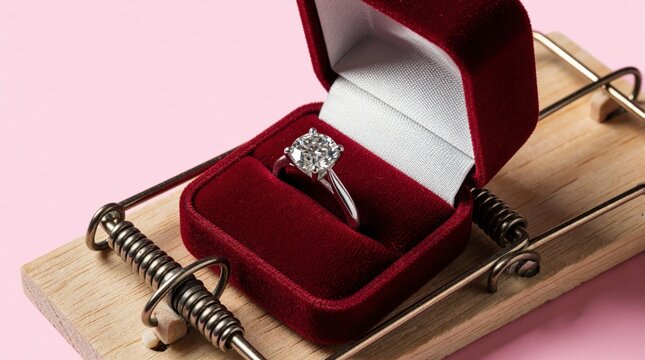 Diamond engagement ring inside red velvet jewelry box sits on wooden mousetrap. Concept metaphor for marriage trap risky commitment. Luxury wedding ring rests on dangerous spring mechanism against