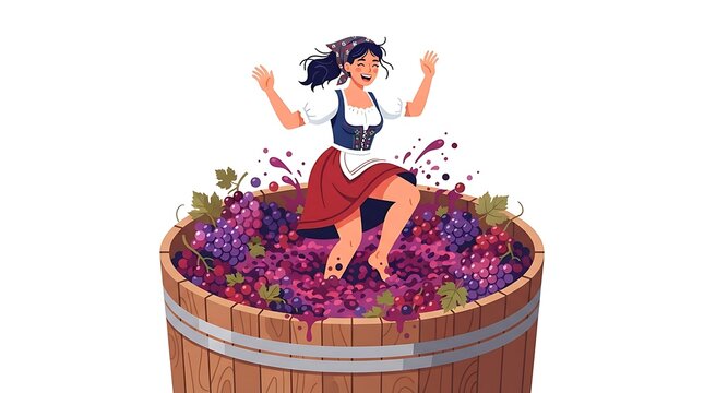 Modern Flat vector illustration of a woman participating in a traditional grape stomping activity, standing inside a wooden wine vat surrounded by grapes.
