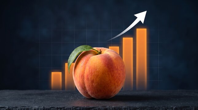 Whole peach with green leaf and rising business graph with arrow signifying market gains