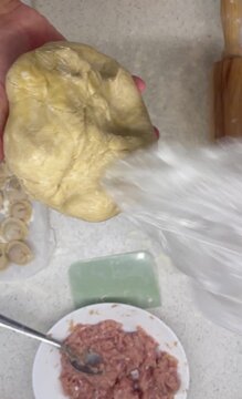 Close-up of the step-by-step process of making homemade dumplings: kneading the dough, rolling it out, shaping the ravioli (dumplings), and cooking delicious pasta in a bright modern kitchen.