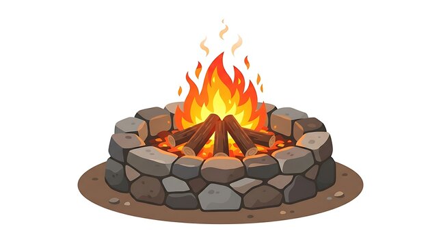 Modern Flat vector illustration of a traditional stone fire pit with burning logs and bright flames, rustic outdoor cooking setting.