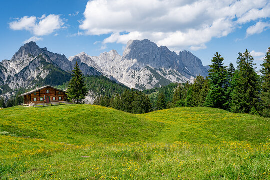 Traditionelle Almh&uuml;tte auf einer Bergwiese mit Blick auf die Loferer Steinberge oberhalb des Hintersees.