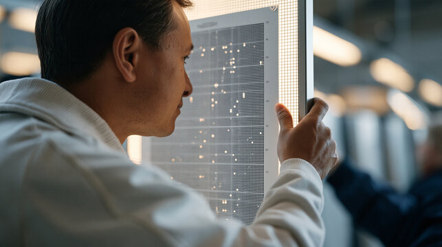 Extreme close up of halftone dot patterns on a freshly printed CMYK test sheet held against a backlit panel, prepress technician checking dot gain and registration marks, offset