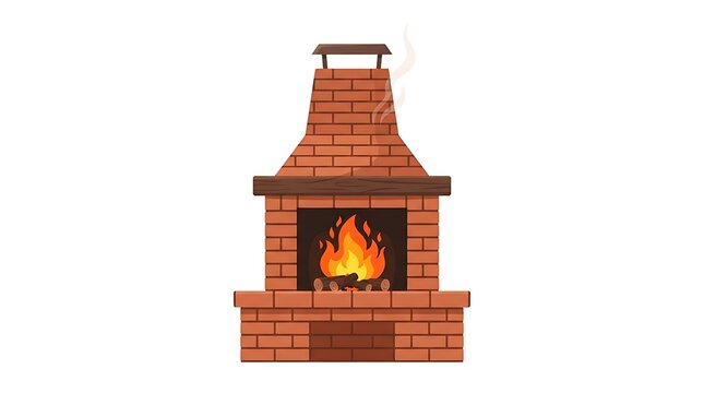 Modern Flat vector illustration of a brick outdoor fireplace with strong flames burning inside, rustic chimney and simple construction.