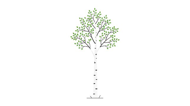 Modern Flat vector illustration of a slender birch tree with a white trunk, delicate branches and small green leaves.