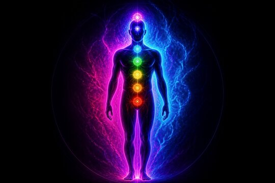 Human silhouette displaying chakra energy alignment within aura