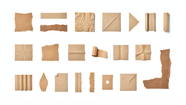 Collection of various brown craft paper pieces including torn edges, folded sheets, rolls, and envelopes isolated on a white background