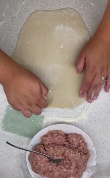 Close-up of the step-by-step process of making homemade dumplings: kneading the dough, rolling it out, shaping the ravioli (dumplings), and cooking delicious pasta in a bright modern kitchen.