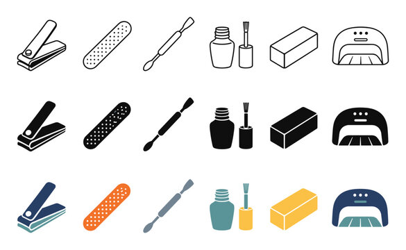 Manicure and pedicure nail care tools icons set featuring nail clippers, nail file, cuticle pusher, polish bottle, buffer block, and UV lamp in outline, silhouette, and colorful styles