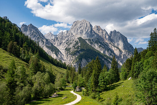 Geschwungener Wanderweg im Hochtal der Litzlalm vor den schroffen Loferer Steinbergen.