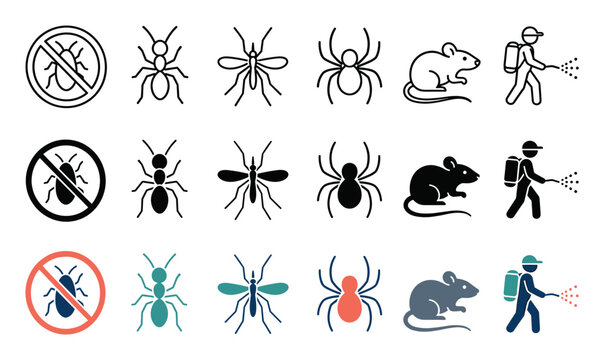 Pest control and insect service icon set featuring bug warnings, ants, mosquitoes, spiders, rats, and exterminator worker spraying chemical pesticide for home sanitation