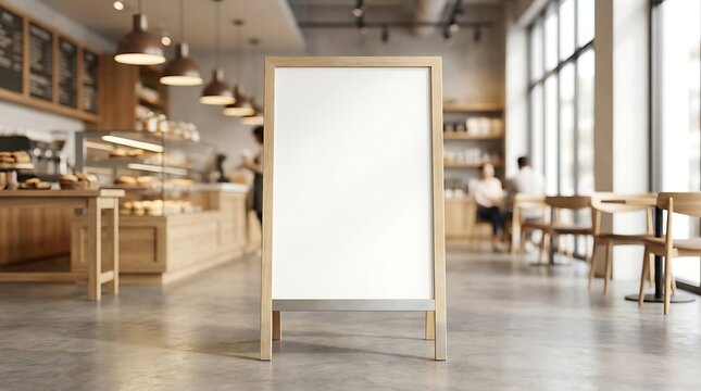 Blank wooden sandwich board mockup standing inside a modern coffee shop interior