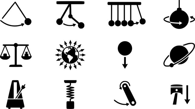 Pendulum & Gravity Icon Silhouette Icon Set. Collection of tech & science silhouettes, including pendulum & gravity icon, detailed physics and chemistry shapes, and more.