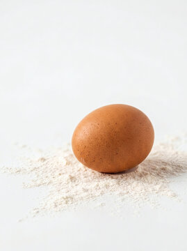 Fresh organic organic baking pastry ingredient concept with single raw brown chicken egg with light flour dusting isolated on clean white backdrop rustic food photography
