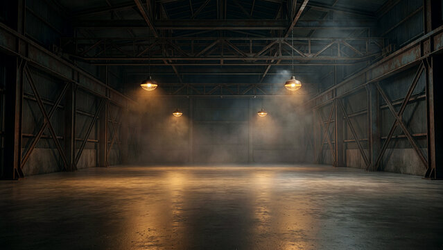 retro industrial warehouse interior with volumetric fog