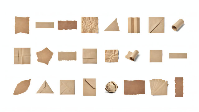 Collection of brown craft paper including torn scraps, folded sheets, rolls, and envelopes isolated on a white background surface