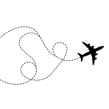 Airplane silhouette following a dotted flight path line as PNG asset