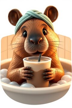 Cute 3D Capybara Wearing Head Towel in Bubble Bath Drinking Boba