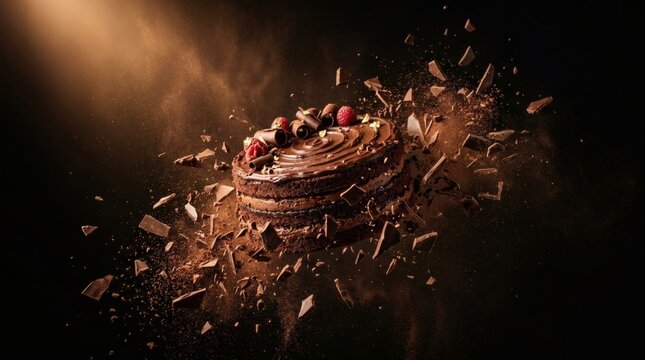 Decadent chocolate layer cake exploding with chocolate shards and raspberries, a dessert fantasy.