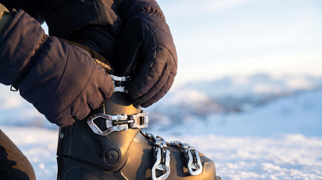 Skier fastening buckles on a black ski boot with gloved hands against snowy mountain landscape during resort preparation before opening