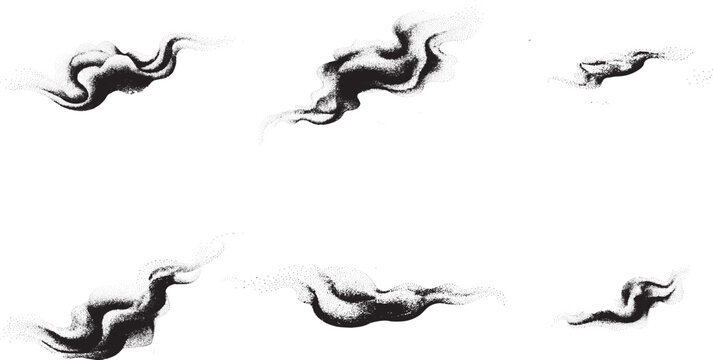 Set of six abstract stippled smoke clouds created with dot work technique for creative projects