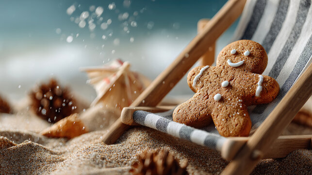 Gingerbread man cookie relaxing on a miniature beach chair, enjoying a warm christmas vacation getaway by the sea, celebrating holidays with a tropical escape concept