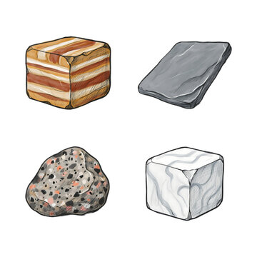 Four different types of mineral and rock cube illustrations shown separately transparent background