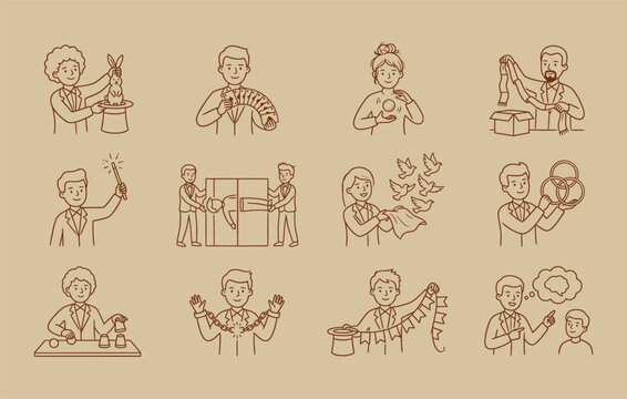 Magicians pulling rabbits from hats fanning playing cards and demonstrating stage illusions vector character set showing theatrical circus entertainment and classic tricks