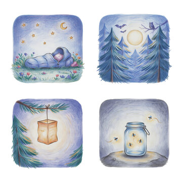Whimsical Nighttime Forest Scenes Featuring Sleeping Baby Moon and Lanterns transparent background