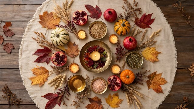 Top view autumn equinox altar circle with candles grain and pomegranates.