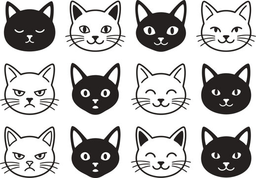 Black and white cat heads vector graphic collection showing various funny facial expressions and emotions