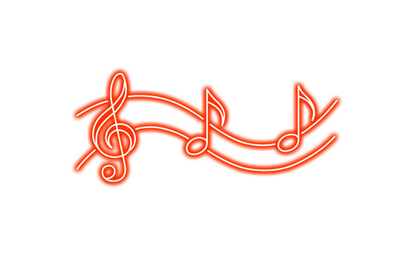 Glowing neon musical notes and treble clef isolated on transparent background