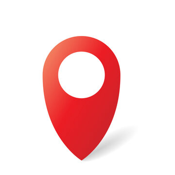 A red map pointer with a circular cutout in the center. The design has a dropped shadow, giving it depth and a modern look.