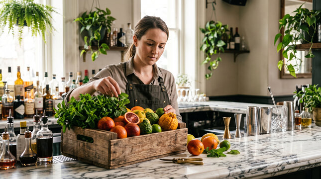 Professional female mixologist selecting fresh mint and exotic citrus fruits from a wooden crate on a high-end marble bar counter in an upscale pub.