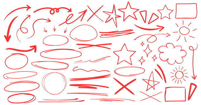 Line pen red highlight arrow set. Line pen hand drawn marker stroke red underline, check mark, emphasis. Arrow, star, round frame marker scribble stroke icon elements. Vector Png