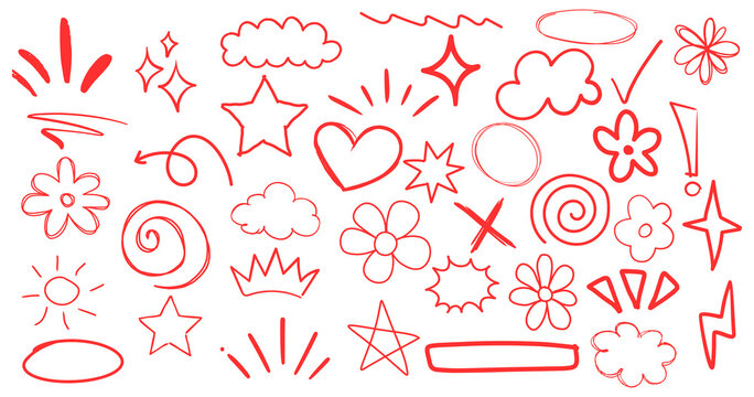 Line pen red highlight arrow set. Line pen hand drawn marker stroke red underline, check mark, emphasis. Arrow, star, round frame marker scribble stroke icon elements. Vector Png