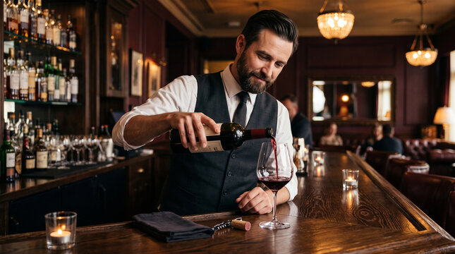 Graceful male sommelier and bartender serving a glass of deep red wine across a polished dark oak bar counter in a luxury boutique pub. Candlelight, sophisticated.