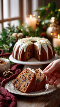 Hand serving a delicious slice of traditional christmas fruitcake with rich dried fruits, nuts, and creamy frosting, elegantly garnished for festive holiday celebrations