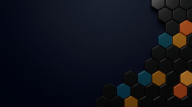 Dark black hexagon honeycomb background with blue and orange accents, modern technology design with large copy space for banner, presentation and branding.
