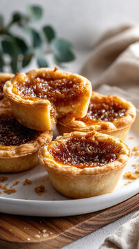 Butter tarts on a plate with crumbled pecans, highlighting the golden crust and caramelized filling, symbolizing traditional canadian baking and sweet homemade indulgence
