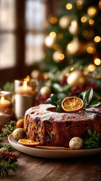 Traditional christmas fruitcake offering a festive dessert experience, garnished with star anise and seasonal decor against a warm, twinkling holiday background