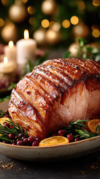 Honey-glazed ham with caramelized crust and tender slices, garnished with orange rounds, cranberries and rosemary for a festive holiday or special occasion centerpiece